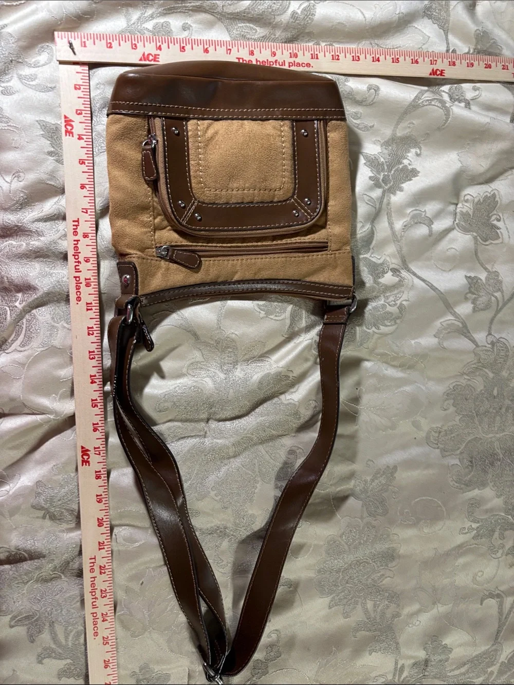 St. John's Bay Brown Canvas and Dark Brown Faux Leather Messenger Bag